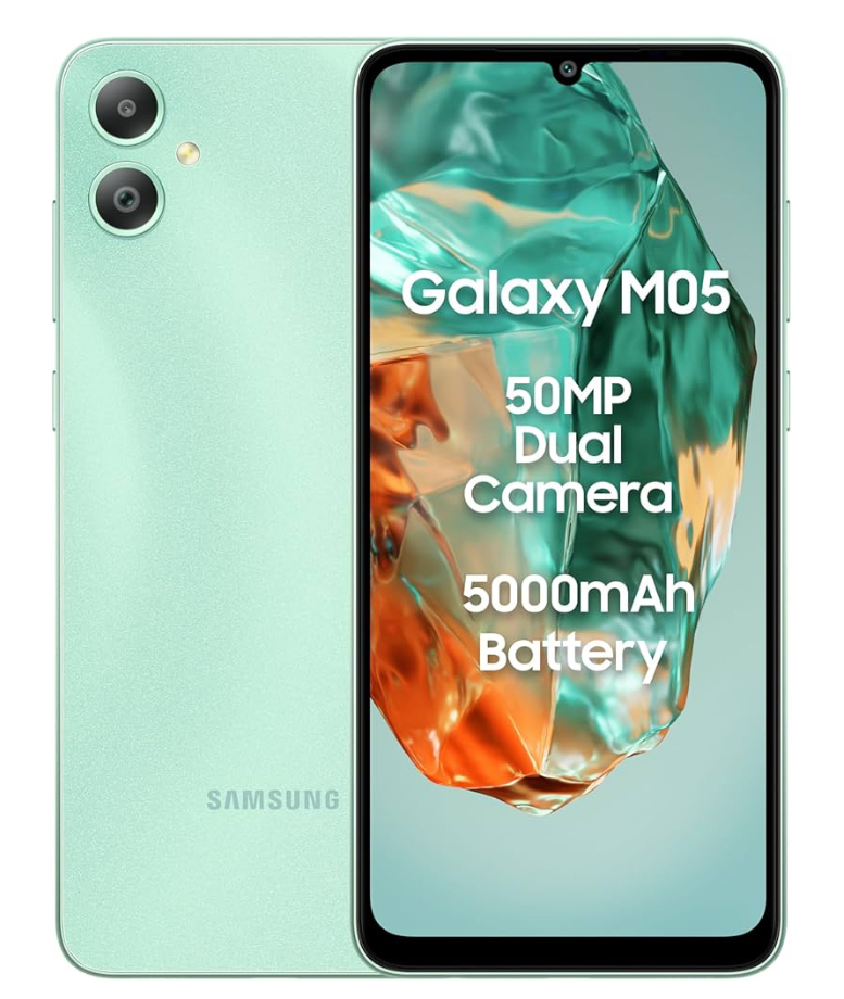 Samsung Galaxy M05 (Mint Green, 4GB RAM, 64 GB Storage) | 50MP Dual Camera | Bigger 6.7" HD+ Display | 5000mAh Battery | 25W Fast Charging | 2 Gen OS Upgrade & 4 Year Security Update | Without Charger