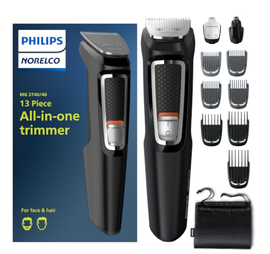 Philips Norelco Multi Groomer All-in-One Trimmer Series 3000-13 Piece Mens Grooming Kit for Beard, Face, Nose, Ear Hair Trimmer and Hair Clipper - NO Blade Oil Needed, MG3740/40