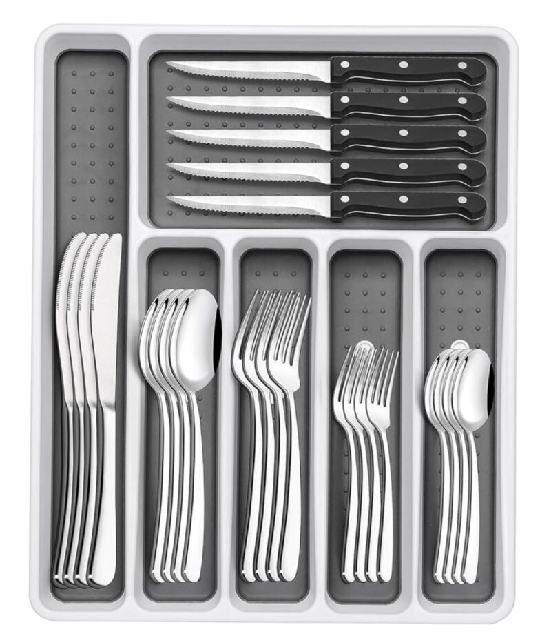 49-Piece Silverware Set with Organizer, Heavy Duty Stainless Steel Flatware for 8, Cutlery Utensil Sets with Steak Knives, Rust-proof, Mirror Polished, Dishwasher Safe