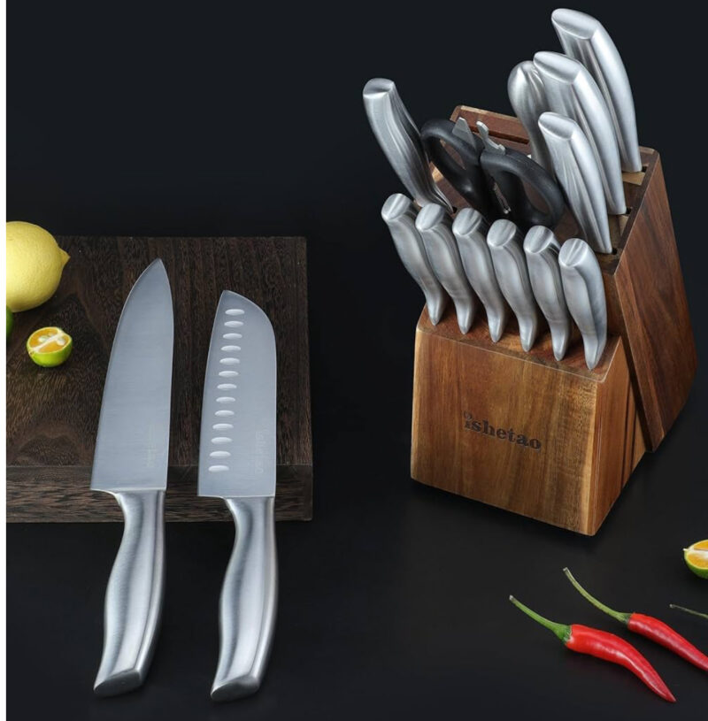 Knife Sets for Kitchen with Block, 15 Piece Kitchen Knife Set, Ultra Sharp Chef Knife Set for Kitchen, High Carbon Stainless Steel Knife Block Set with Sharpener, Silver
