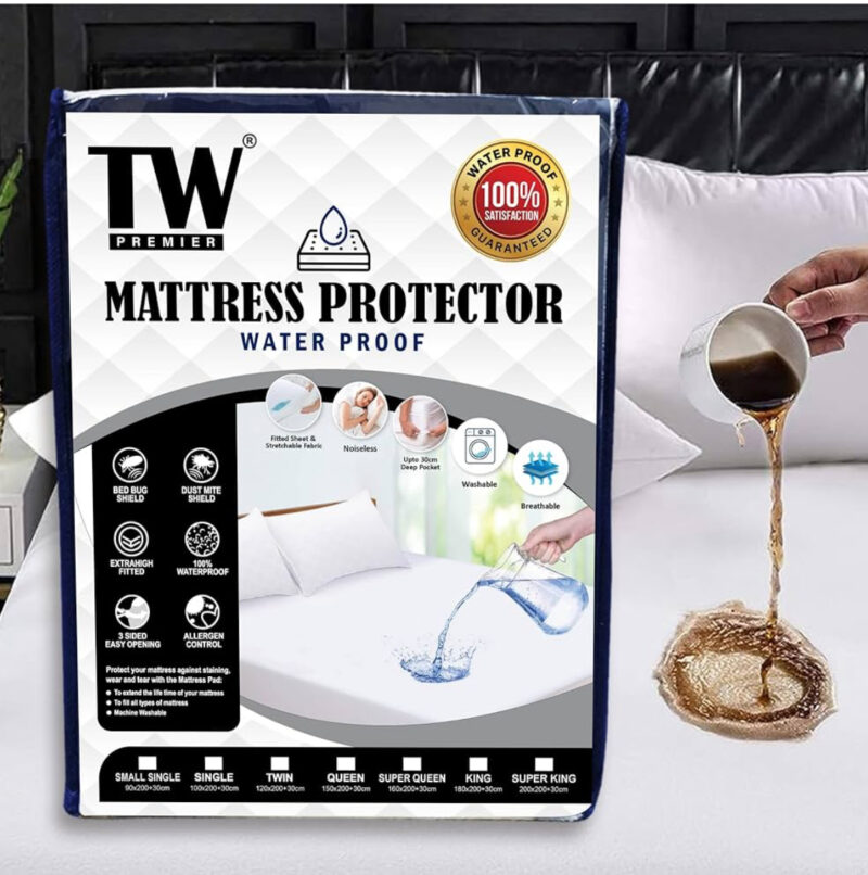 TW Premier Mattress Protector 150X200+30CM | Waterproof 100% Terry Cotton - Hypoallergenic, Breathable Mattress Topper | Noiseless Pad Protection | Deep Pocket (TERRY COTTON, Queen 150X200+30CM)