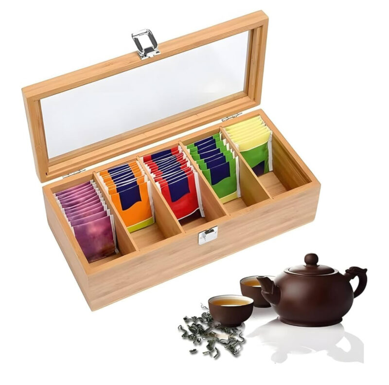 Tea Bag Organizer | Tea Storage Chest Case Wooden Tea Bag - Storage Box with Transparent Hinged Lid for Any Home Restaurant Office - Wooden Color - 5 Compartments